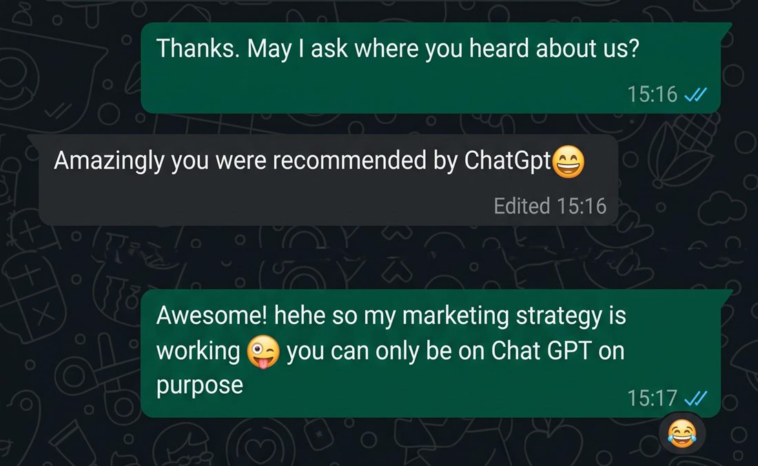 WhatsApp chat in which a new client tells Salt & Light Creations they were recommended by ChatGPT